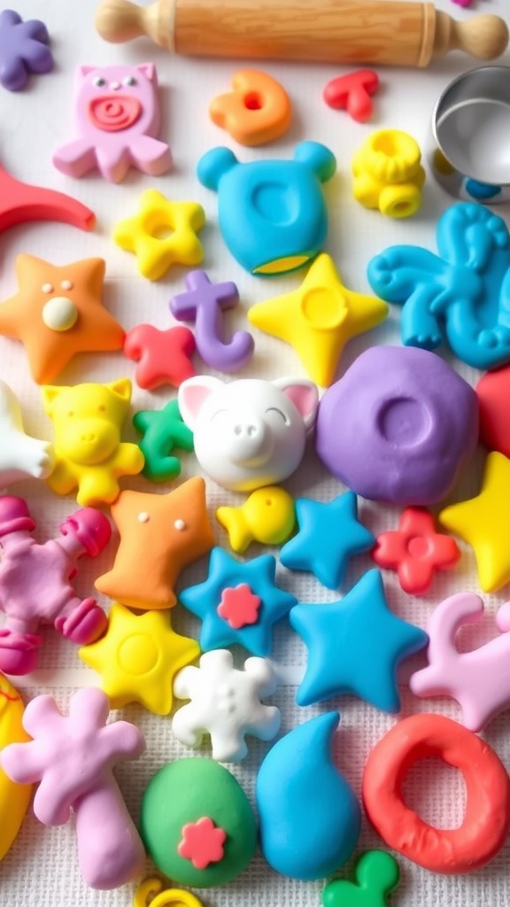 Colorful air-dry dough clay sculptures on a crafting table with tools.